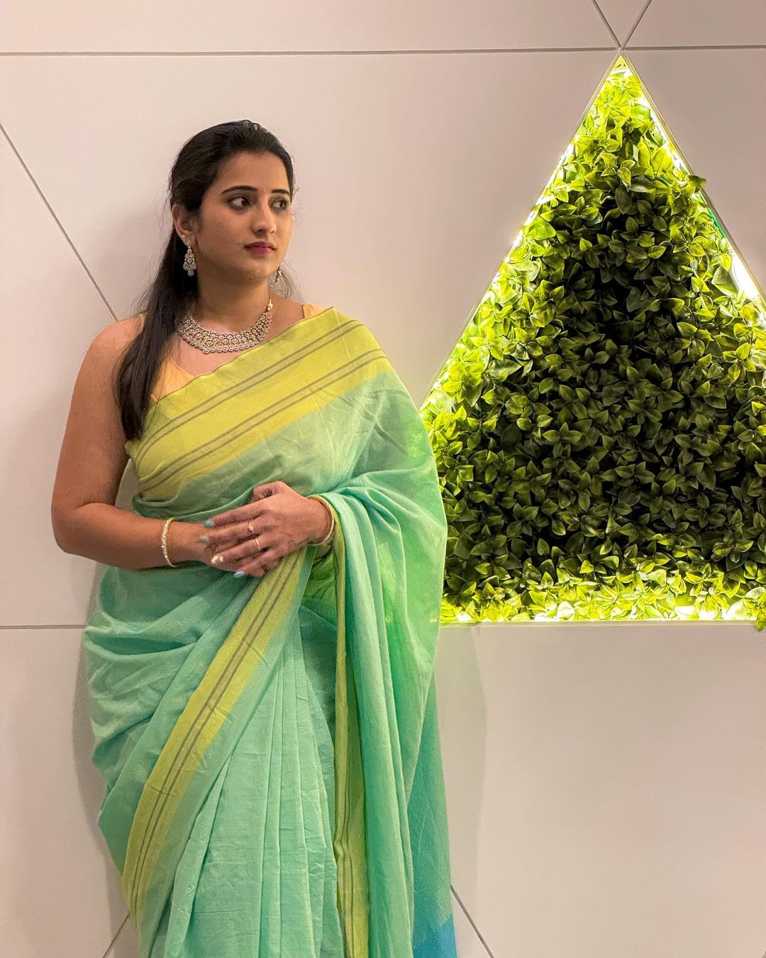 Beautiful Youtube Actress Viraajita In Green Saree2